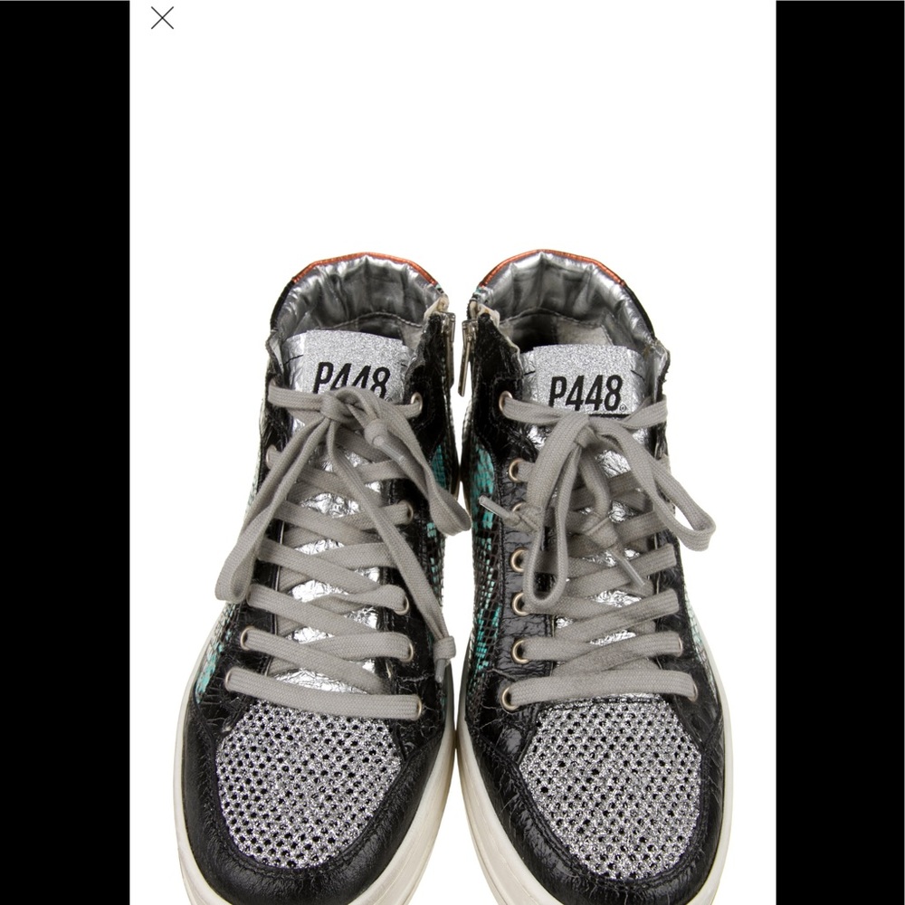 P448 designer high top. Blue and green animal print with woven tops. Size 7.5